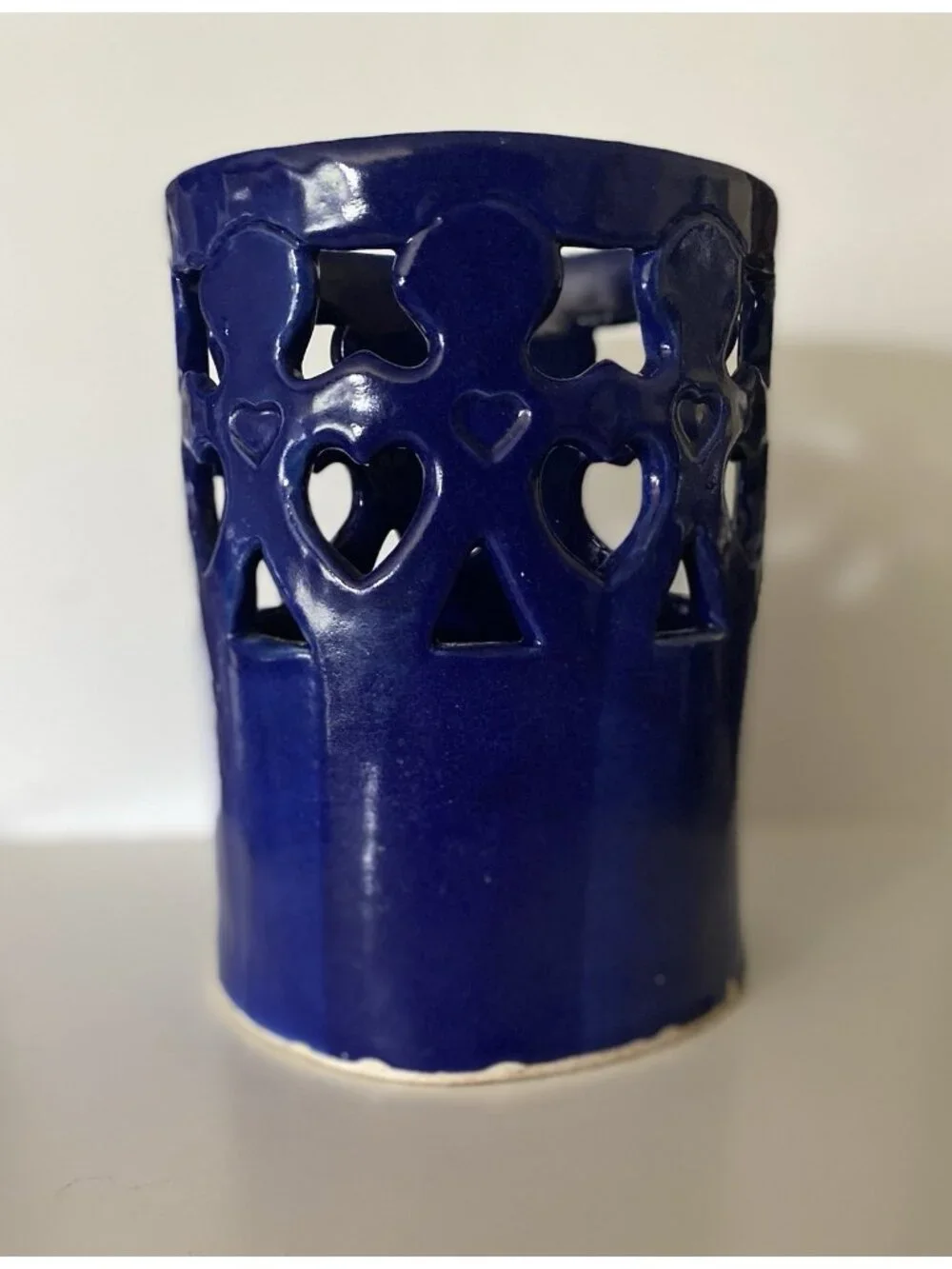 Vtg Signed Studio Pottery Cobalt Kitchen Utensil Holder Cutout Children Hearts